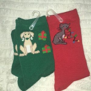 Holiday themed dog and cat themed meme socks